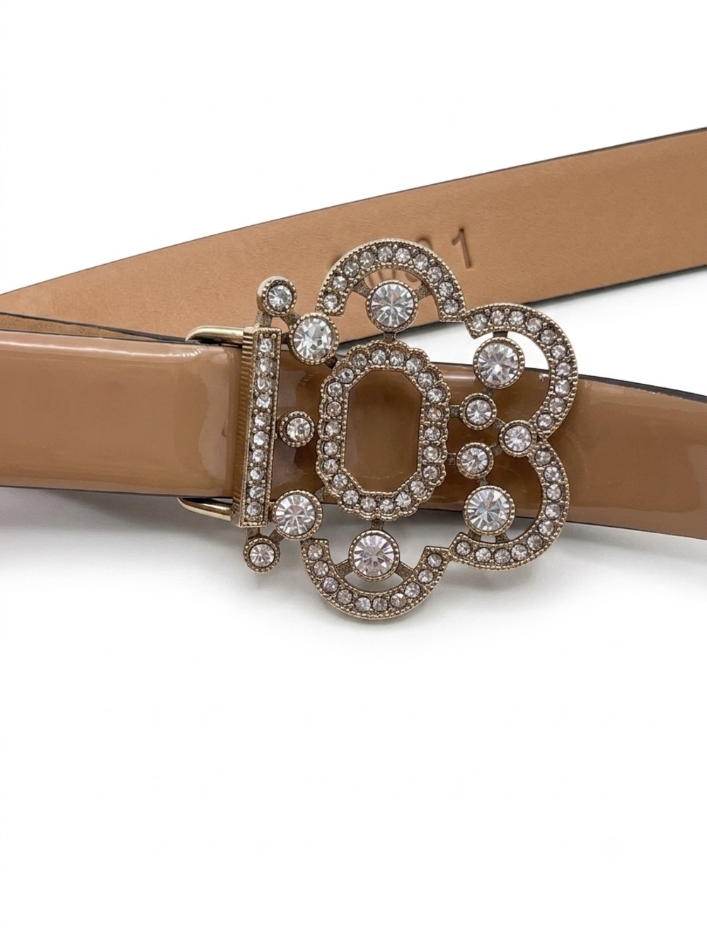 Valentino Garavani Crystal Filigree Buckle Patent Belt Nude Tan 90 36